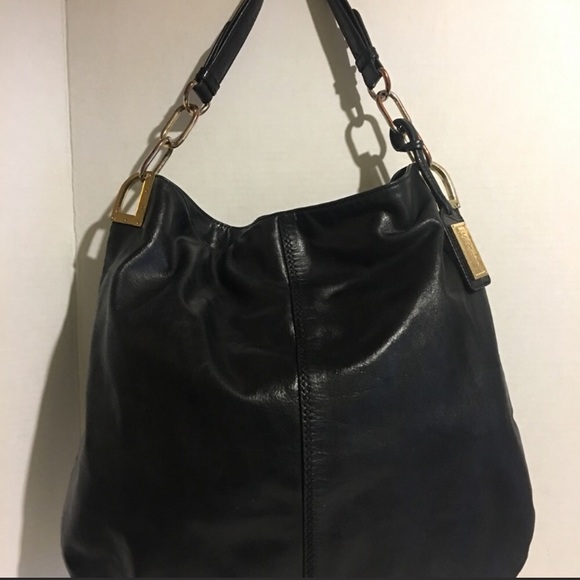 Badgley Mischka black leather lg hobo bag with gold hardware. - Picture 2 of 7